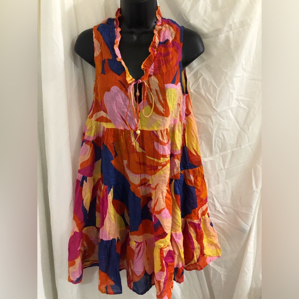 True Destinations colorful v-neck string tie ruffled collar tunic dress size S